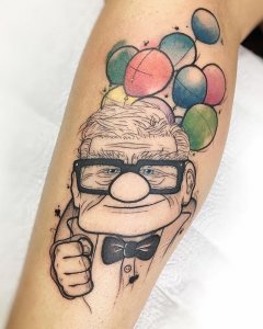 小腿卡通老爷爷与气球纹身图案